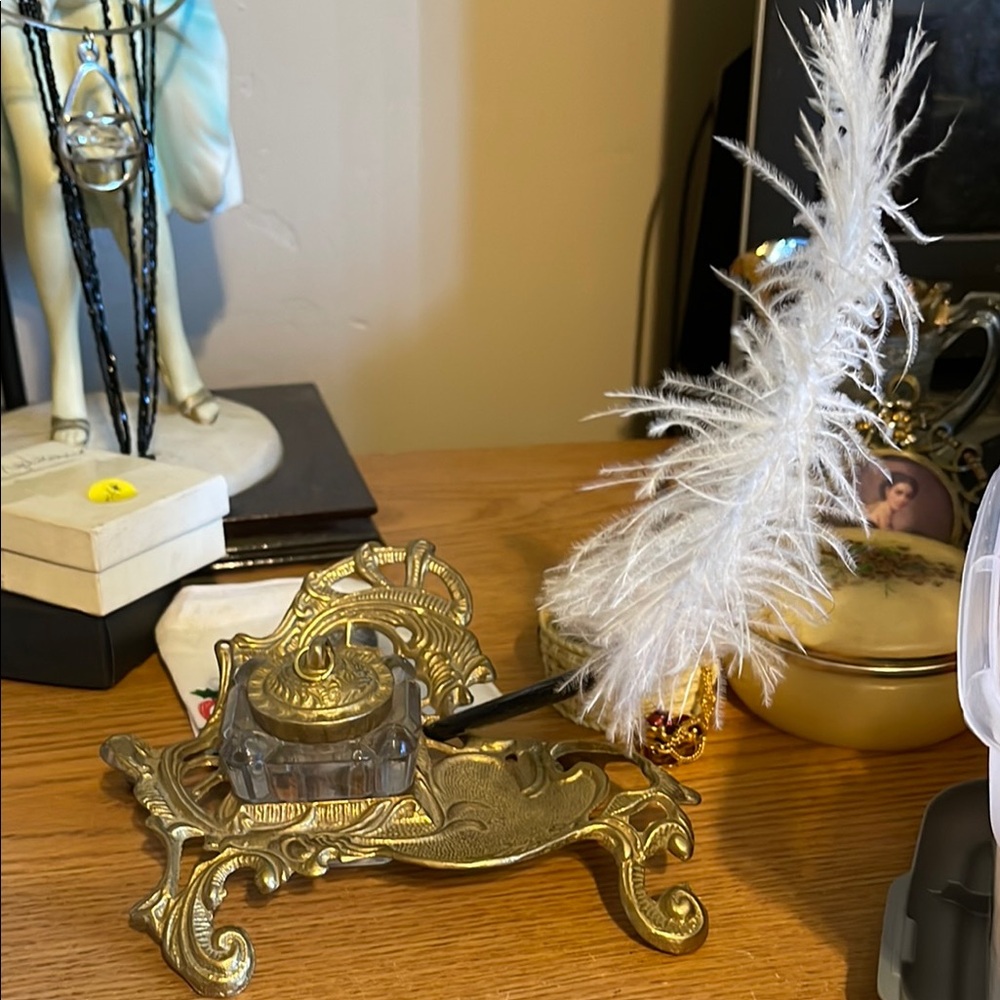 Vintage Gold Inkwell with Feather Pen